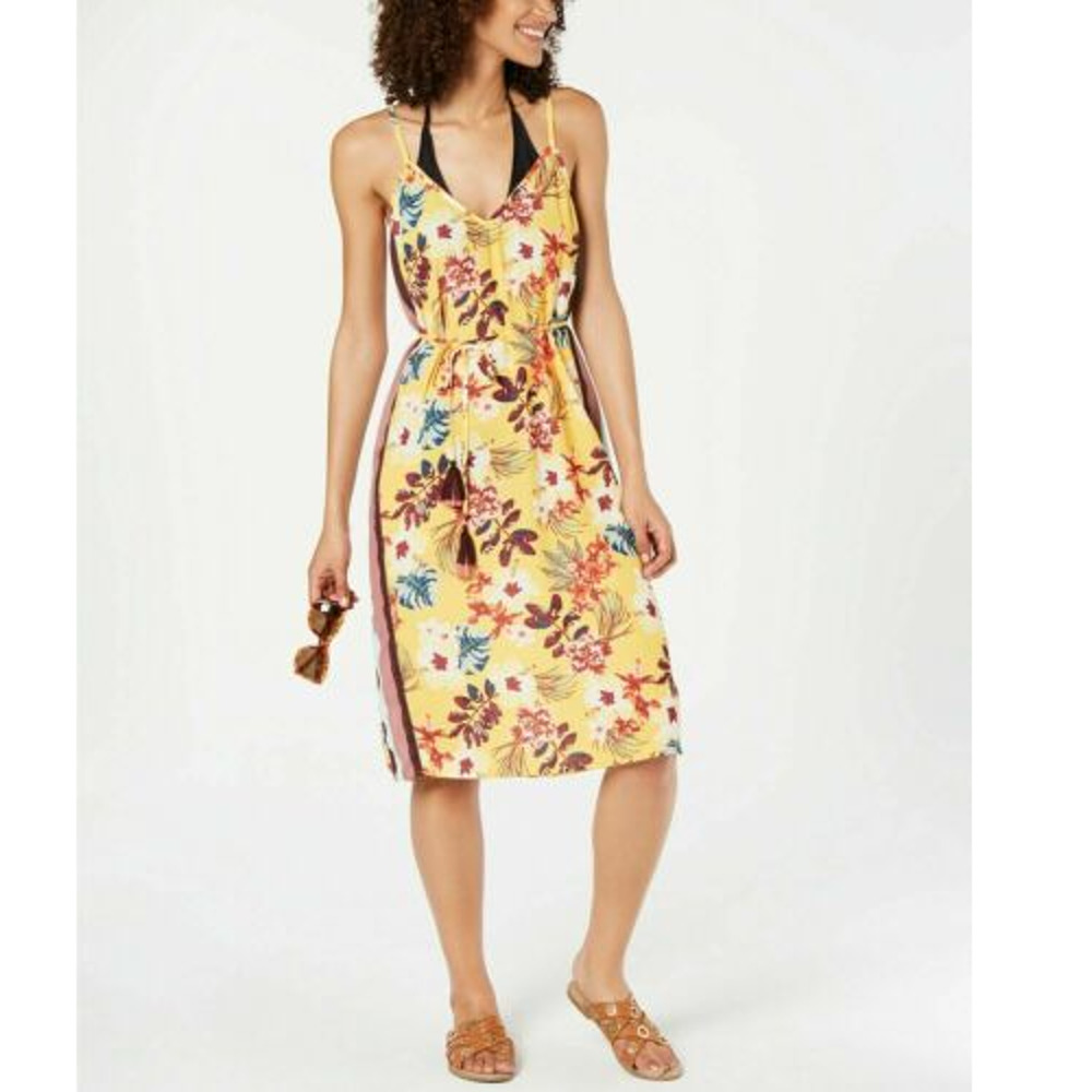Miken Women's Floral Tropic Print Swim Cover-Up Slip Dress Size L Yellow New